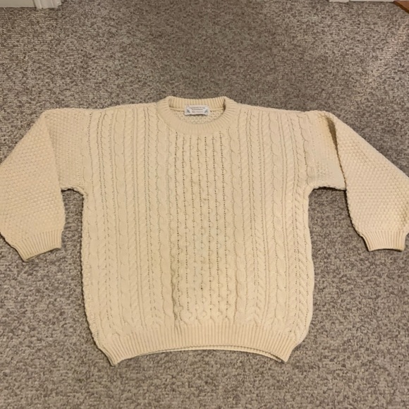 Vtg Highland House cream wool knit fisherman chunky crewneck sweater L-XL
